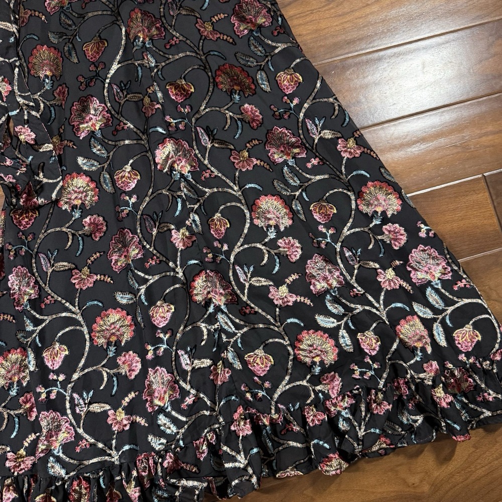 Talisman Women's Size XS Black Floral Velvet Chiffon Carly Wrap Midi‎ Dress - Picture 10 of 12